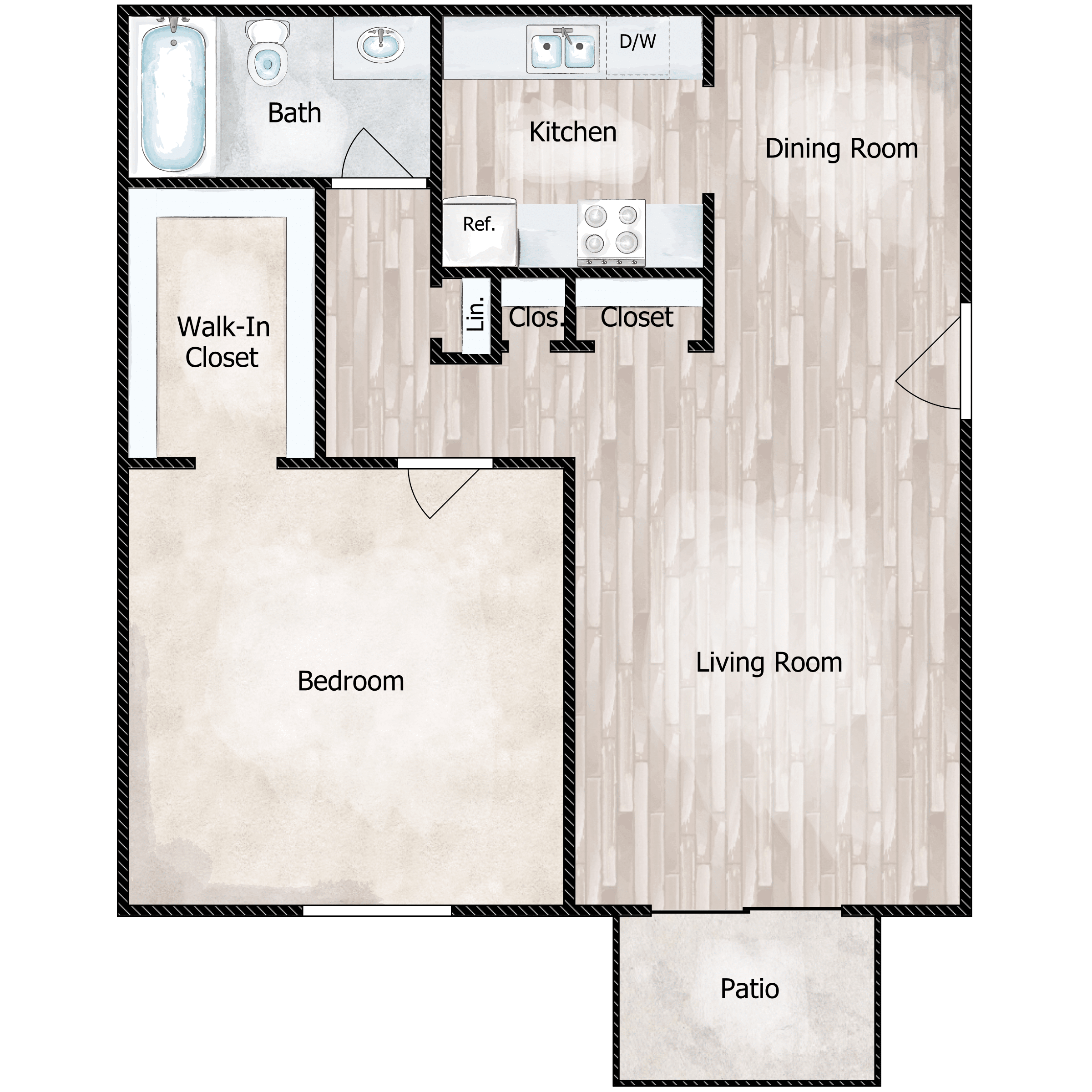 Floor plan for 1 bed, 1 bath, 756 sqft